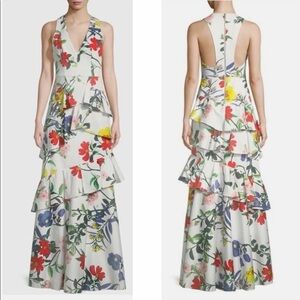 Alice + Olivia Flossie Floral Maxi Dress Tiered V-neck Multicolor Gown Brand New